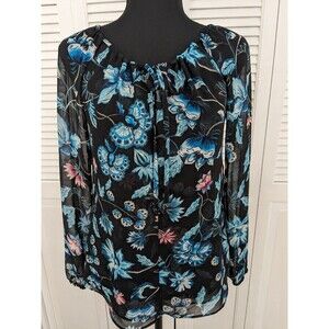 WHBM Top Blouse Women's S/0 Ties Black Blue Floral Chiffon Cottage Boho Romantic